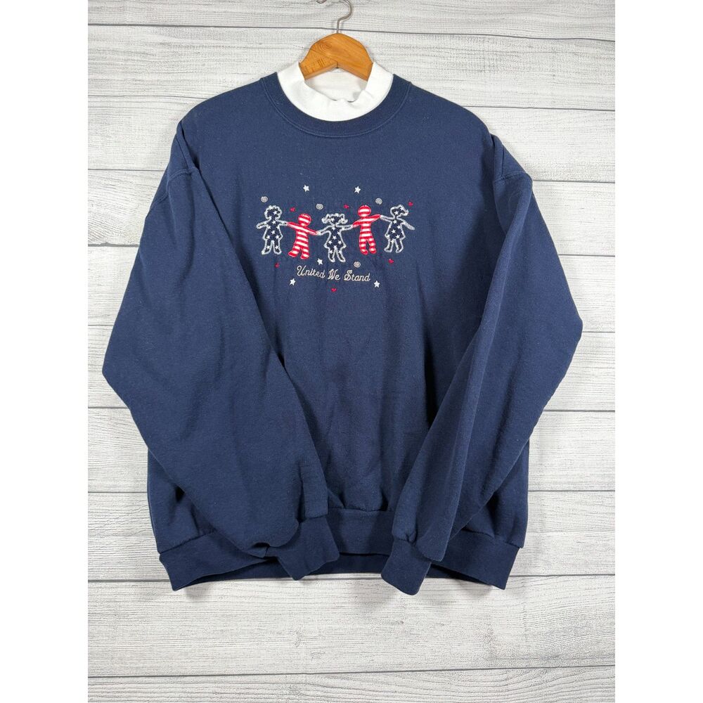 Vintage Navy United We Stand Patriotic Embroidered Mock Neck Sweatshirt 4045